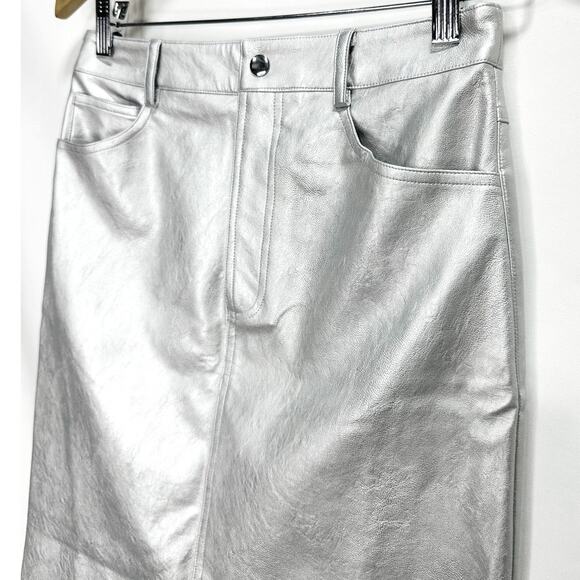 WAYF Silver Vegan Leather Midi Skirt | Metallic Faux Leather | Size XS - Picture 5 of 8
